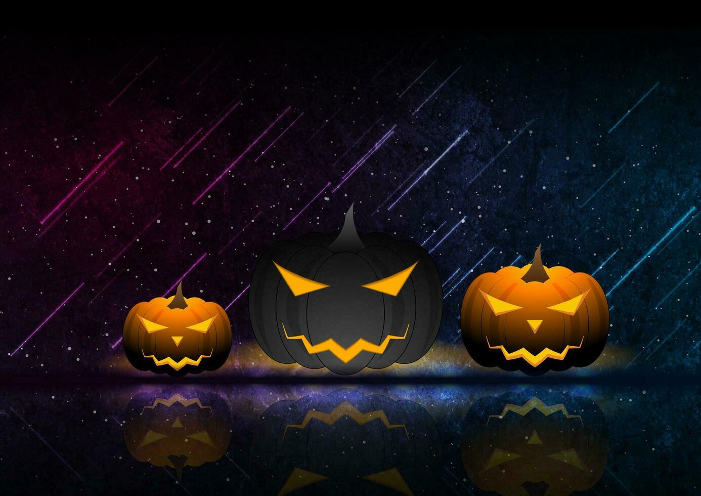 Jack-o-lantern pumpkins on grunge neon background. Gloomy cyberpunk Halloween design vector