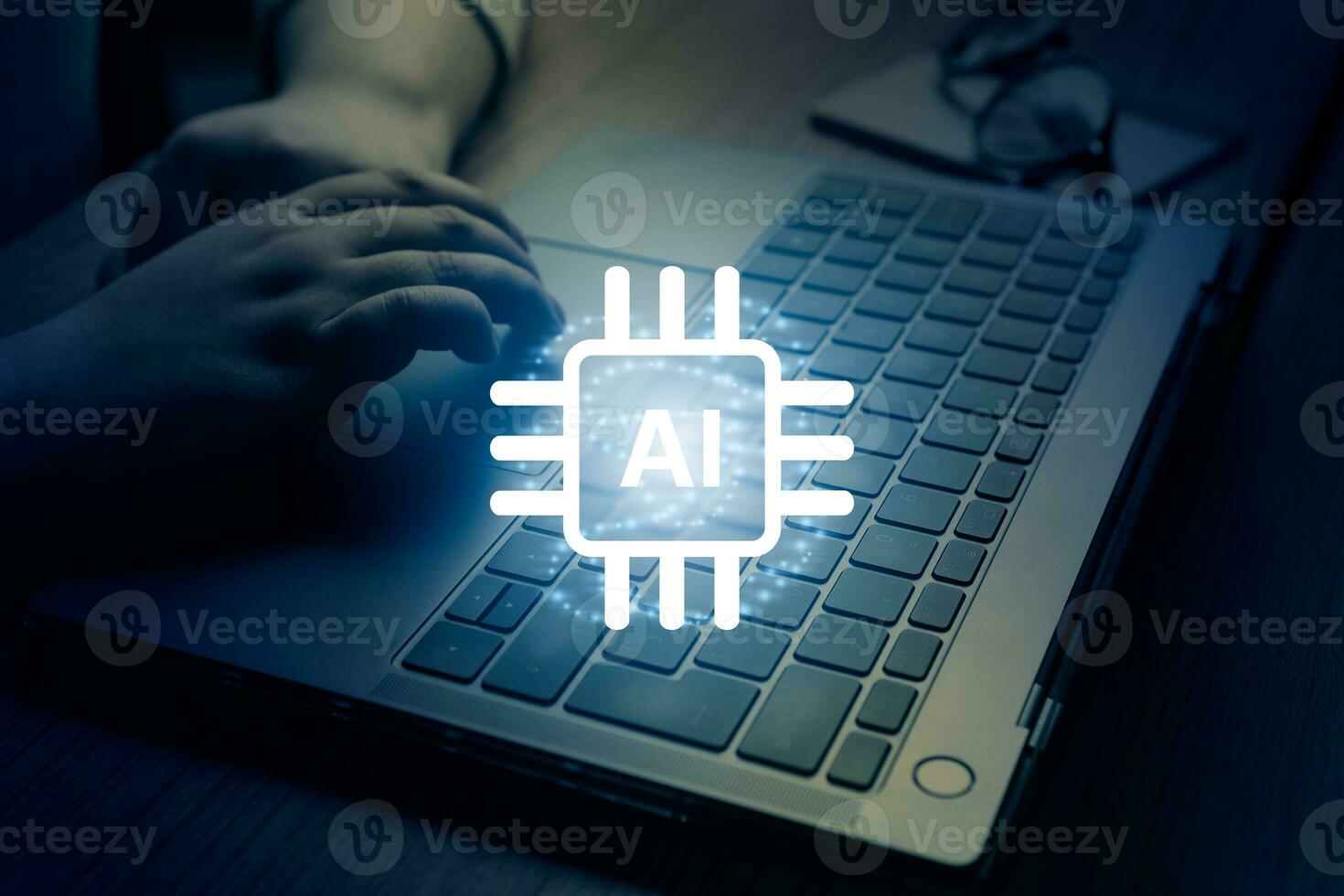 Woman use the power of AI on laptop. Chat concept AI. Artificial Intelligence. Futuristic technology transformation. photo