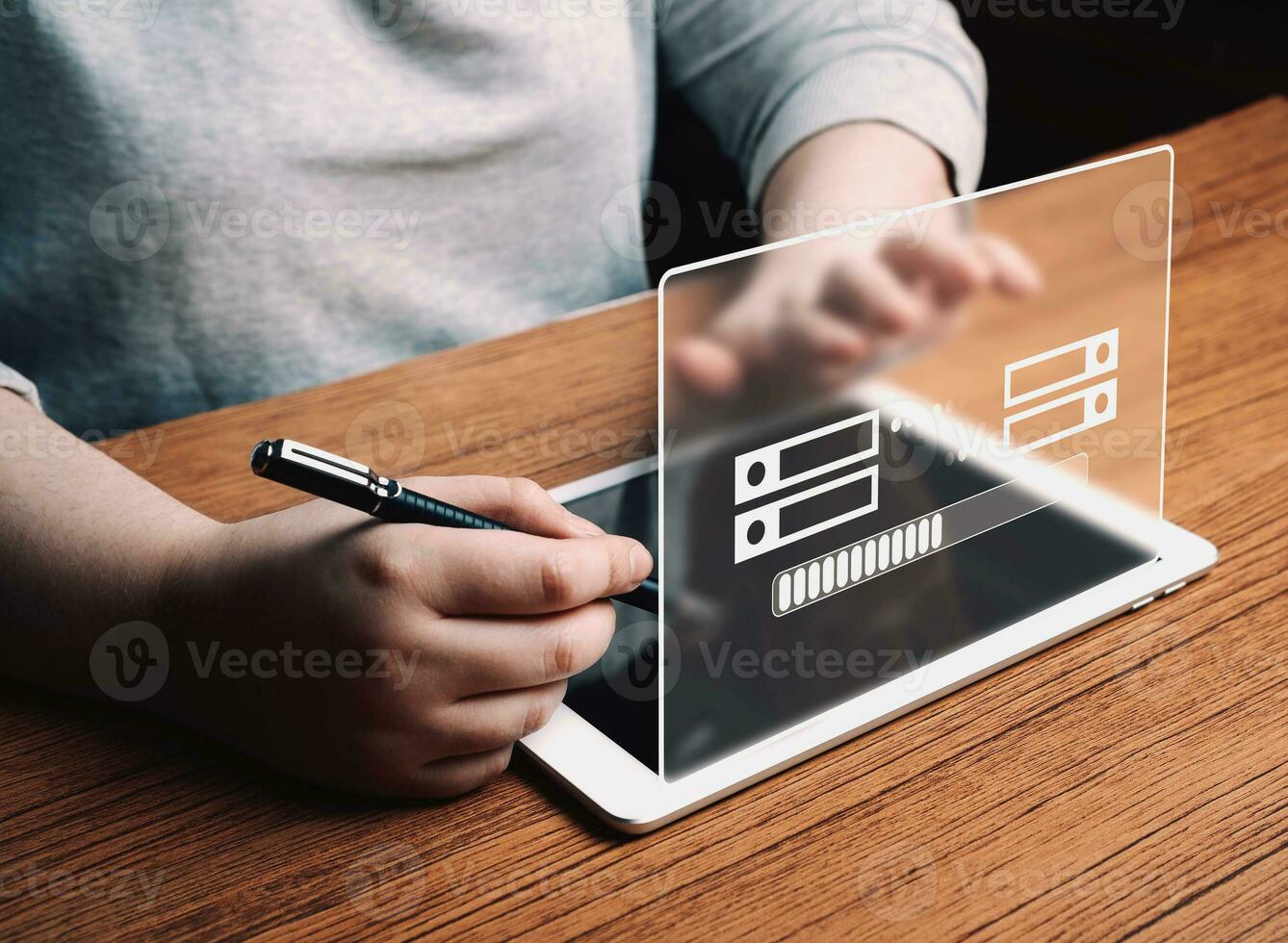 Woman use digital tablet with data host server storage VR interface. Icon for information exchange and transfer concept. photo