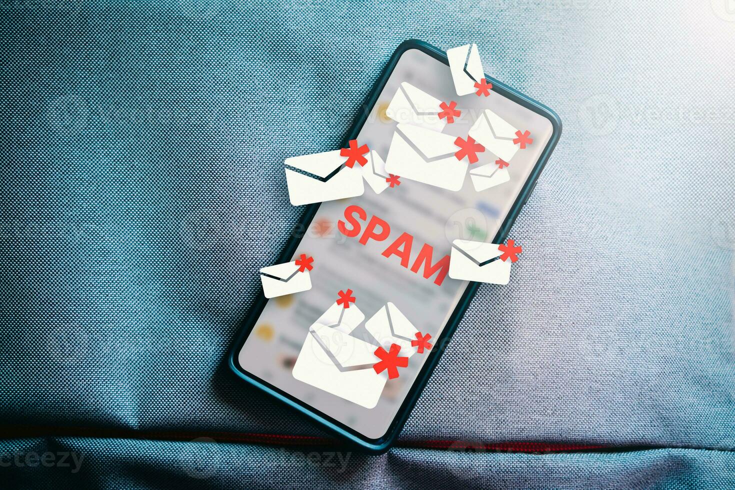 Top lay photo of smartphone with hologram mail spam concept. Communication business technology. Protect spam mail from internet cyber security.