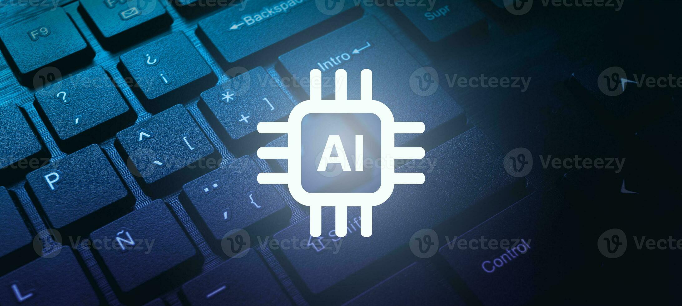Banner photo of computer keyboard close up with AI chip virtual interface. Chat concept AI. Artificial Intelligence. Futuristic technology transformation. Write a prompt to generate images.