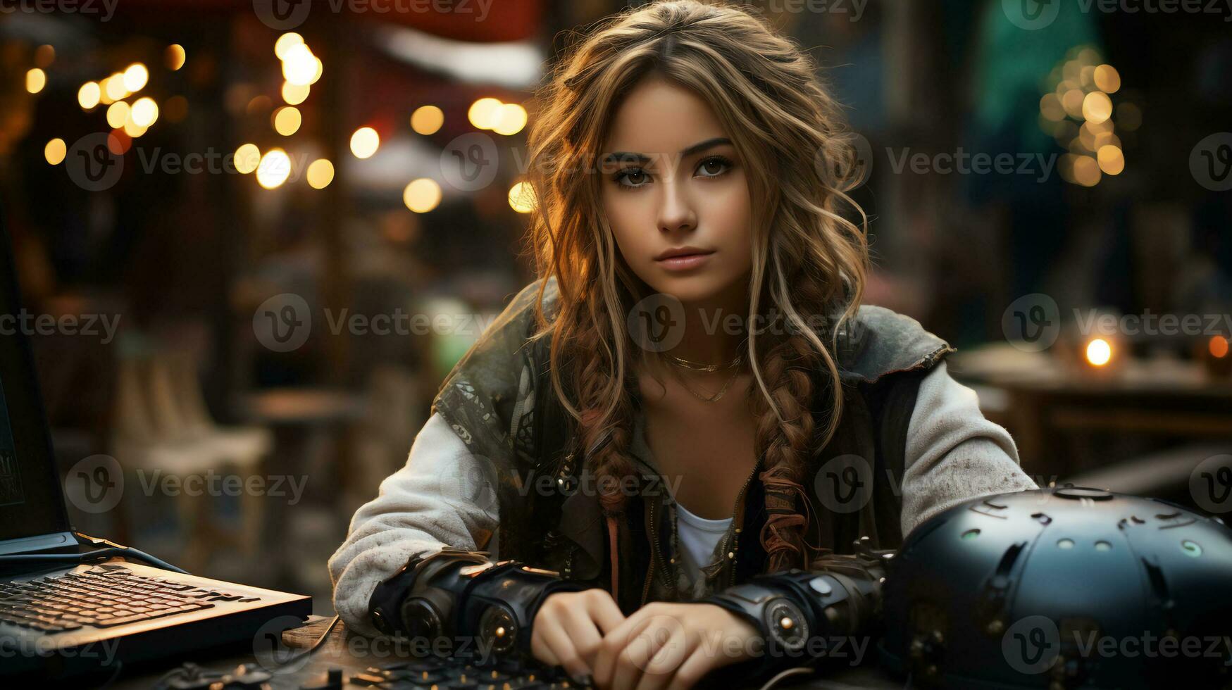 A Girl wearing goggle in steampunk style sitting at a computer, Teenager hacker sitting at old laptop in dystopian future woth blurry street background,Generative Ai photo