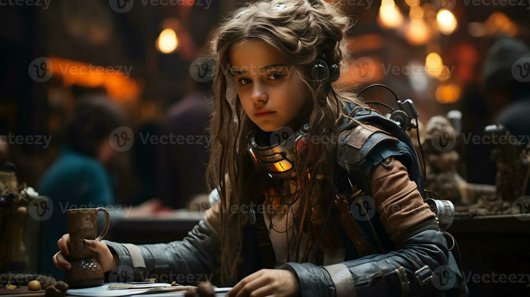 A Girl wearing goggle in steampunk style sitting at a computer, Teenager hacker sitting at old laptop in dystopian future woth blurry street background,Generative Ai photo