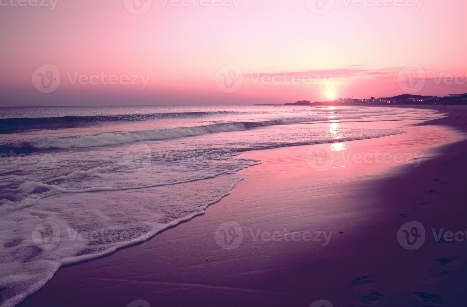 Sunrise over the sea and nice beach in purple color. photo