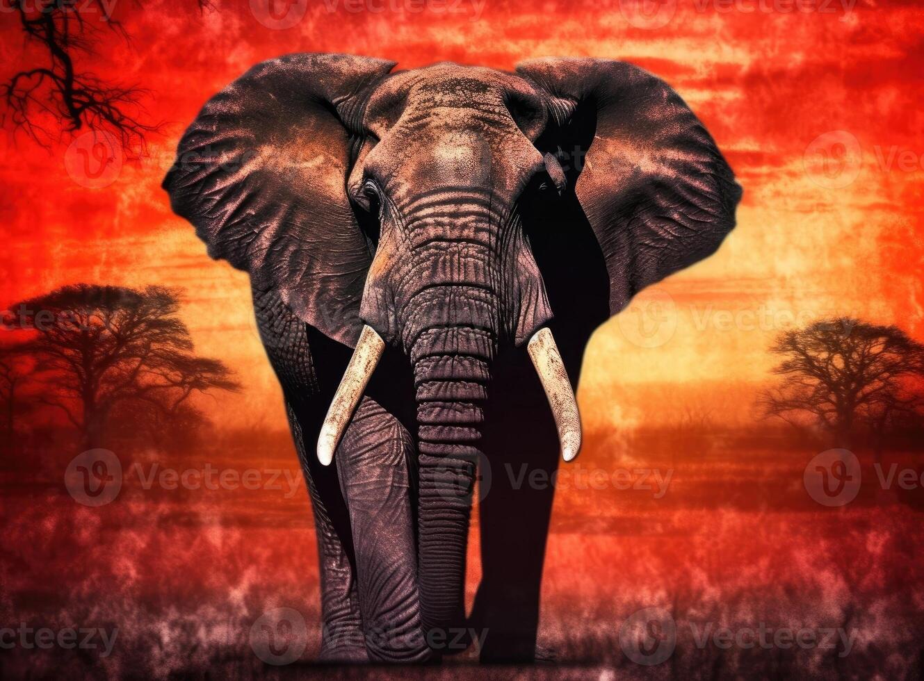 Elephant standing in front of intense sunset. . photo