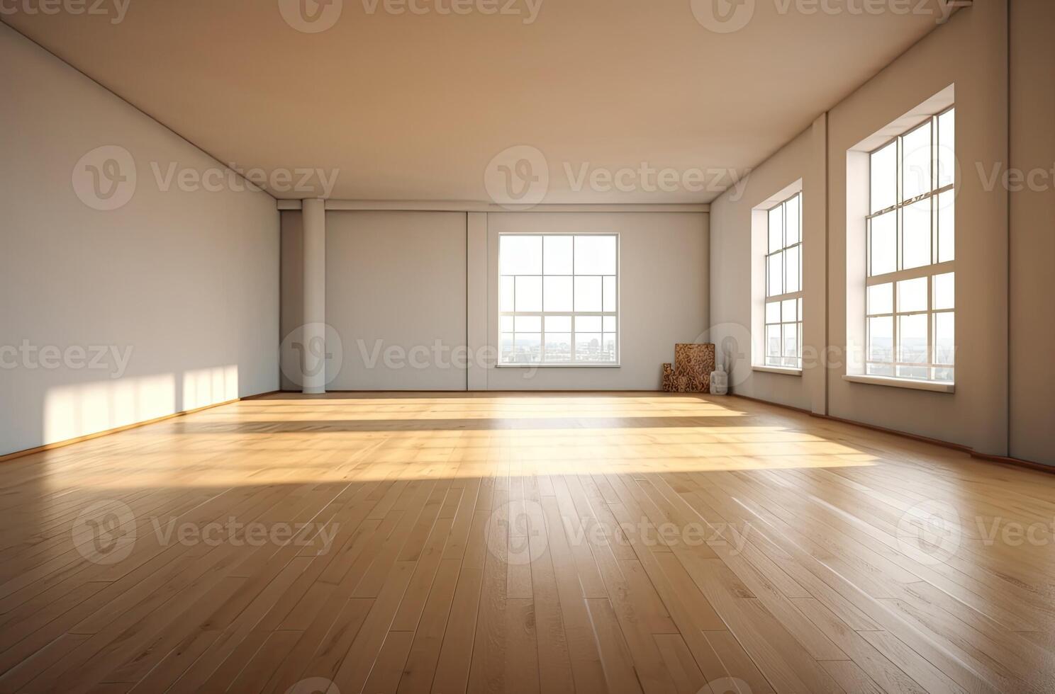 vacío blanco habitación con un de madera piso. generativo ai foto