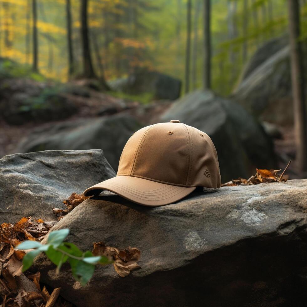 Photo of blank light brown baseball hat, ultra realistic, 8K, suitable to create hat mockup or cap mockup