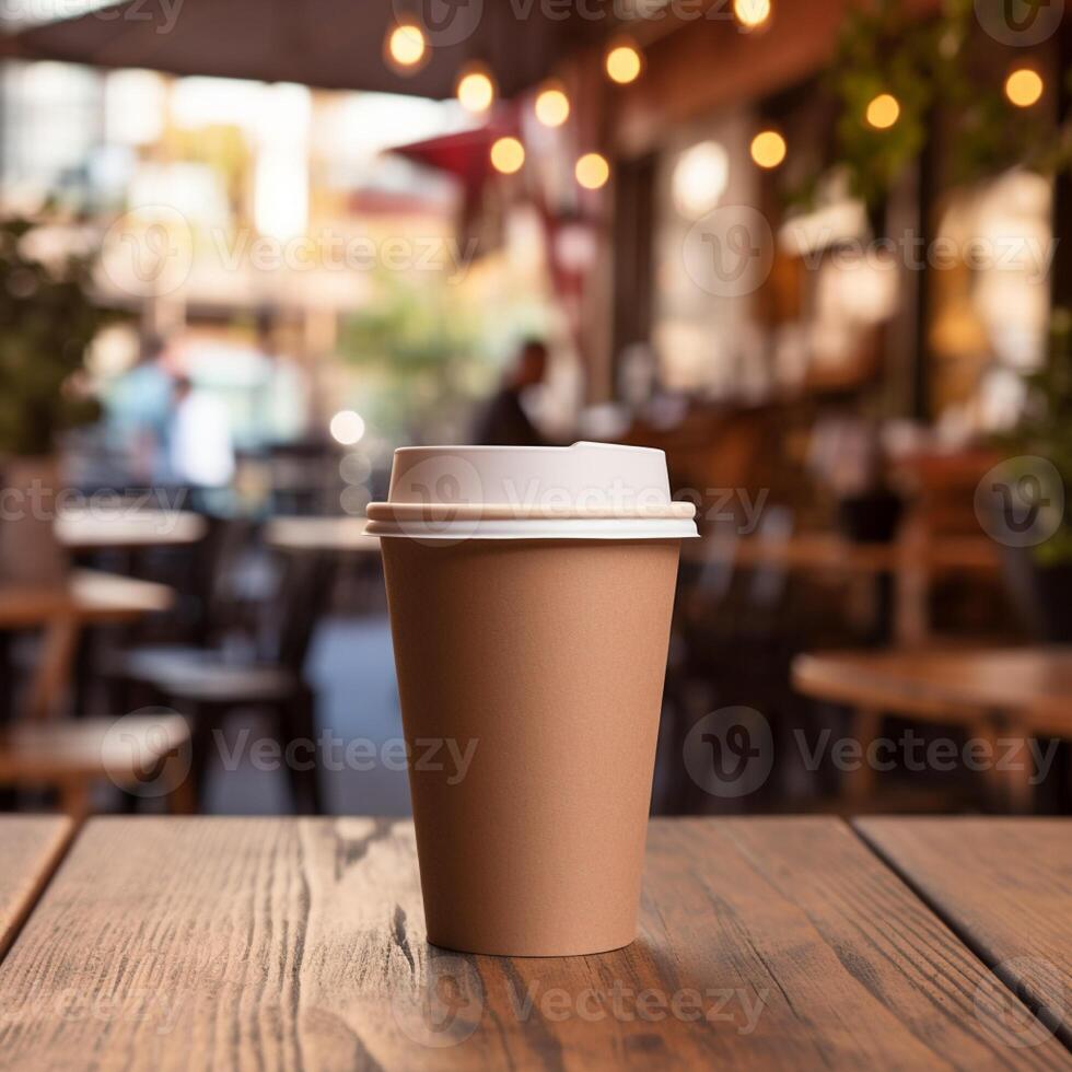 AI generative Brown Paper Coffee Cup, On a Wooden Table, with blur background of cafe, hyper realistic photo