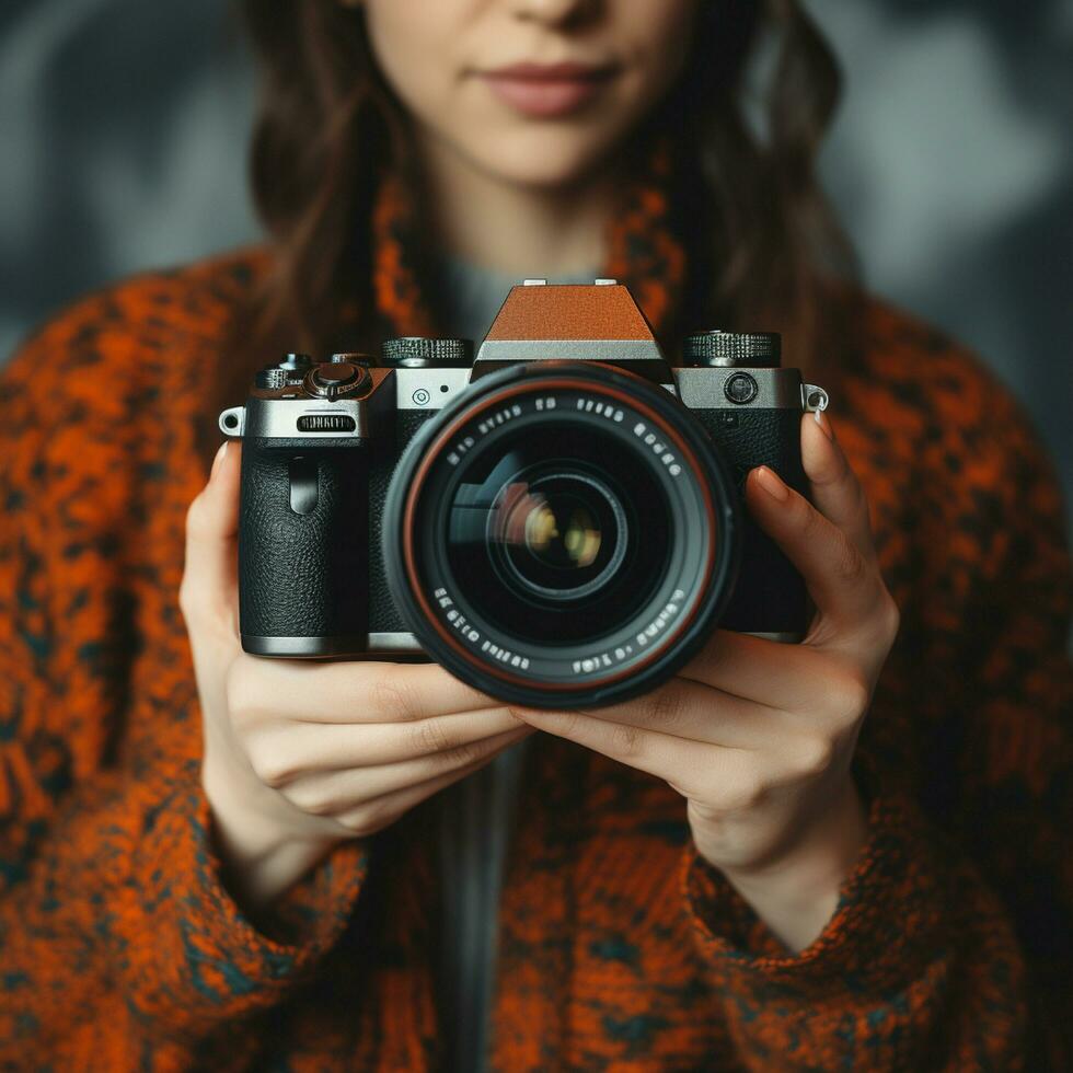 AI generative High quality photo of woman hand holding mirrorless camera