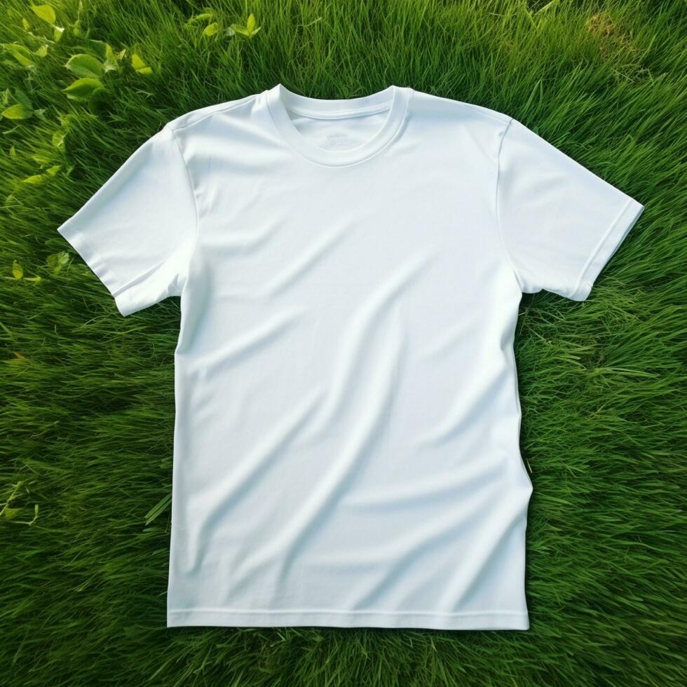 AI generative High quality of Blank white t-shirt on the green grass, perfect for mockup preview photo