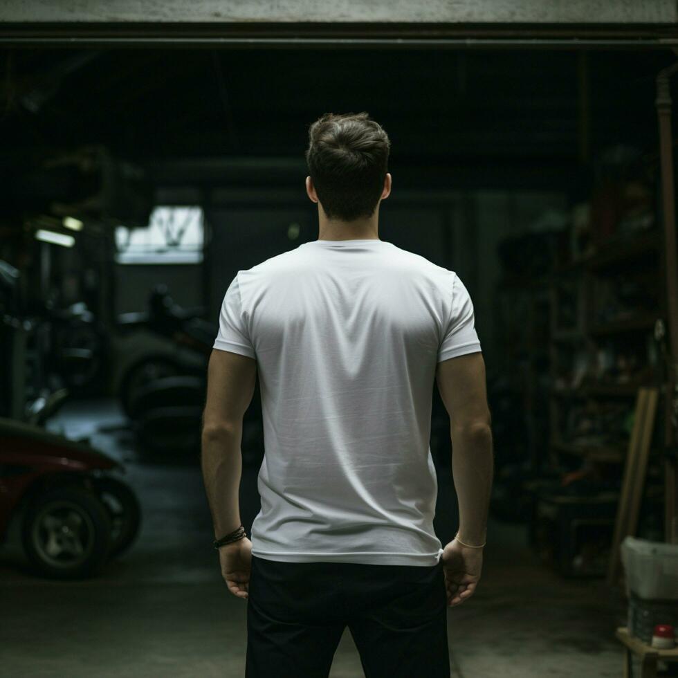 ai generativo un hombre vistiendo un llanura blanco t - camisa en el garaje frente a hacia atrás, Perfecto a crear camiseta Bosquejo foto