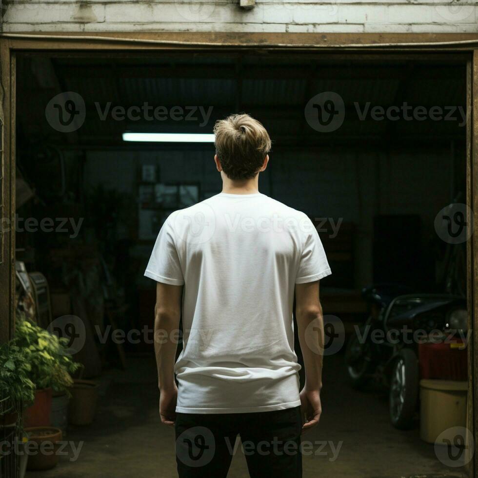 ai generativo un hombre vistiendo un llanura blanco t - camisa en el garaje frente a hacia atrás, Perfecto a crear camiseta Bosquejo foto