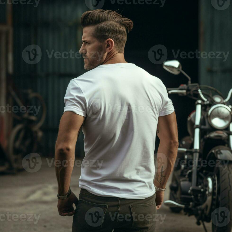 AI generative Photo of a man on the bike wearing a plain white t-shirt facing backwards