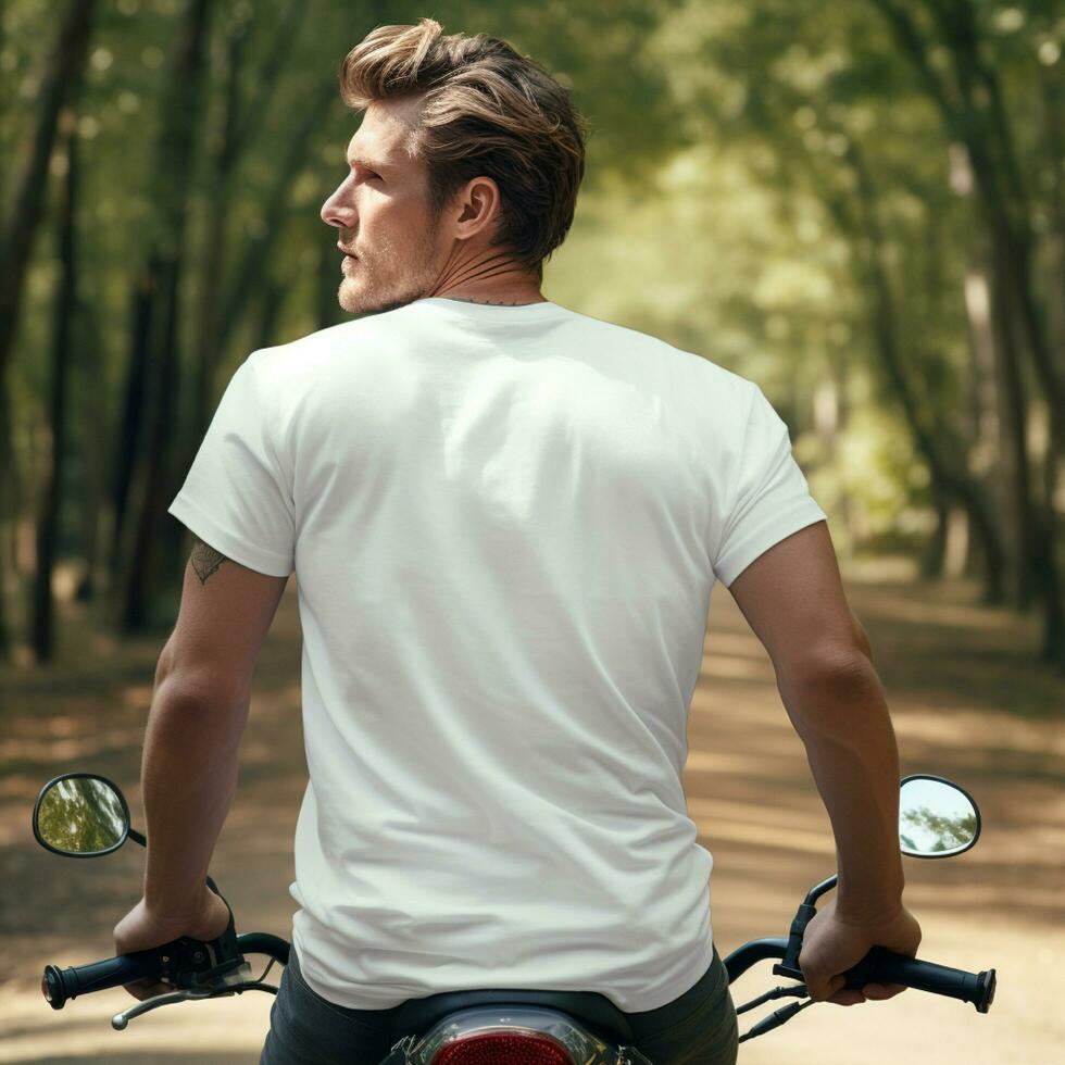 AI generative Photo of a man on the bike wearing a plain white t-shirt facing backwards