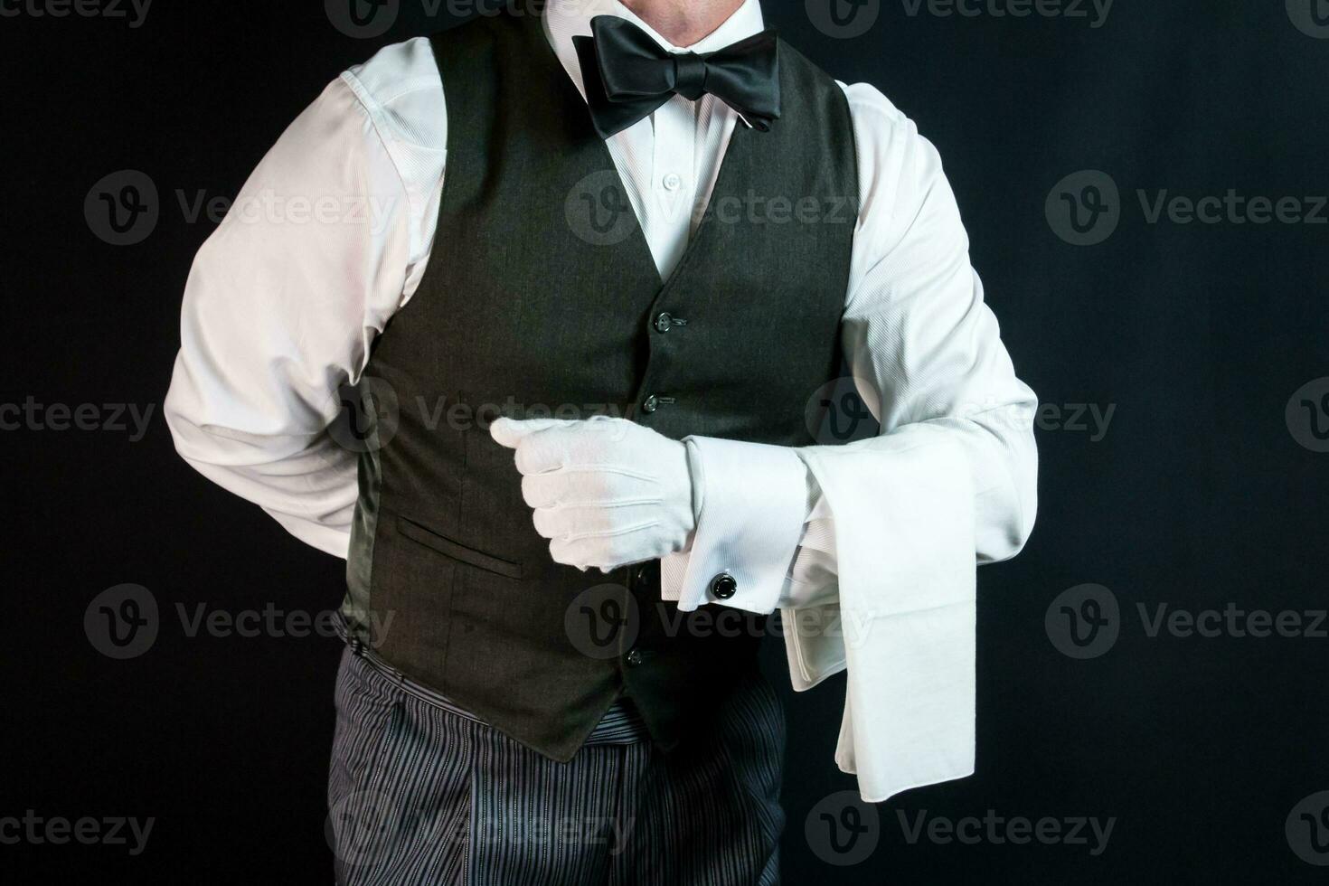 Portrait of Butler or Waiter in Vest and White Gloves With Napkin Draped Over Arm. Concept of Professional Hospitality. photo