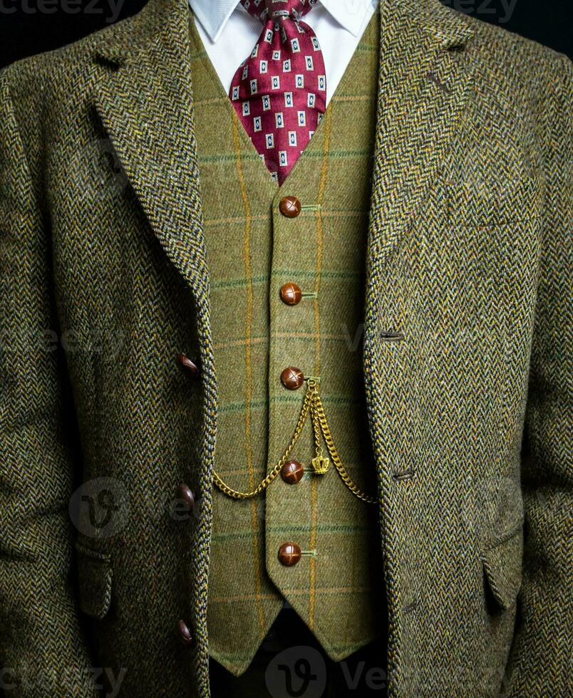 Portrait of Gentleman in Tweed Suit and Leather Gloves Standing Elegantly. Vintage Style and Retro Fashion of English Gentleman. photo