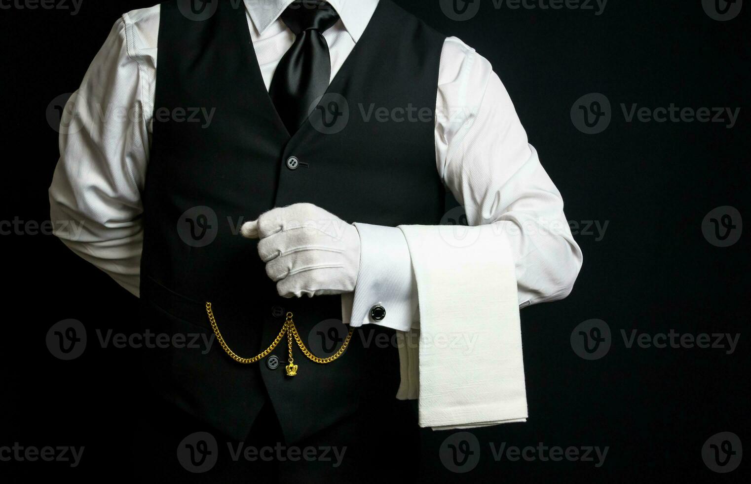 retrato de elegante mayordomo o camarero en negro chaleco y blanco guantes ansioso a ser de servicio. foto