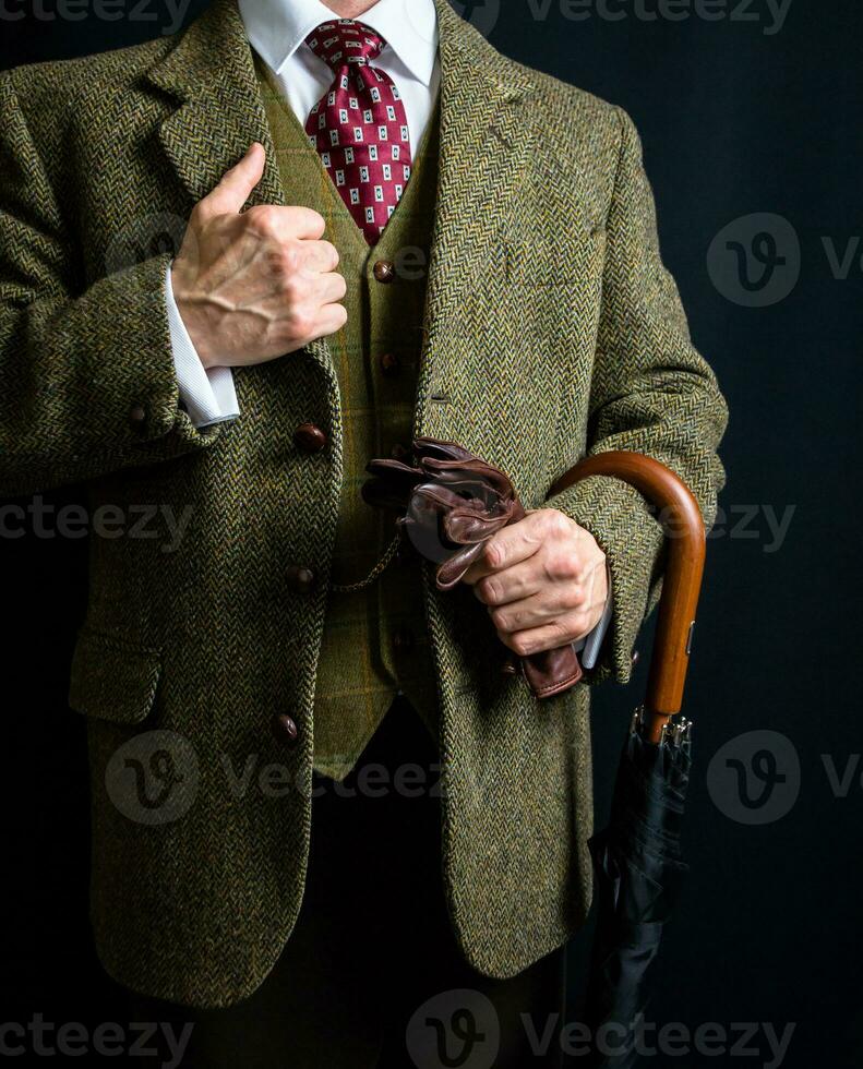 retrato de hombre en tweed traje participación sombrilla. Clásico estilo y retro Moda de Inglés Caballero. foto