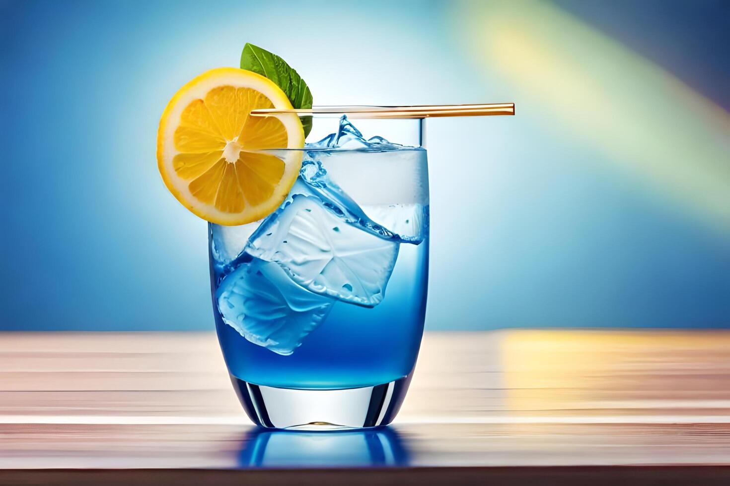 delicious cocktail in a glass goblet served with lemon slice on blue