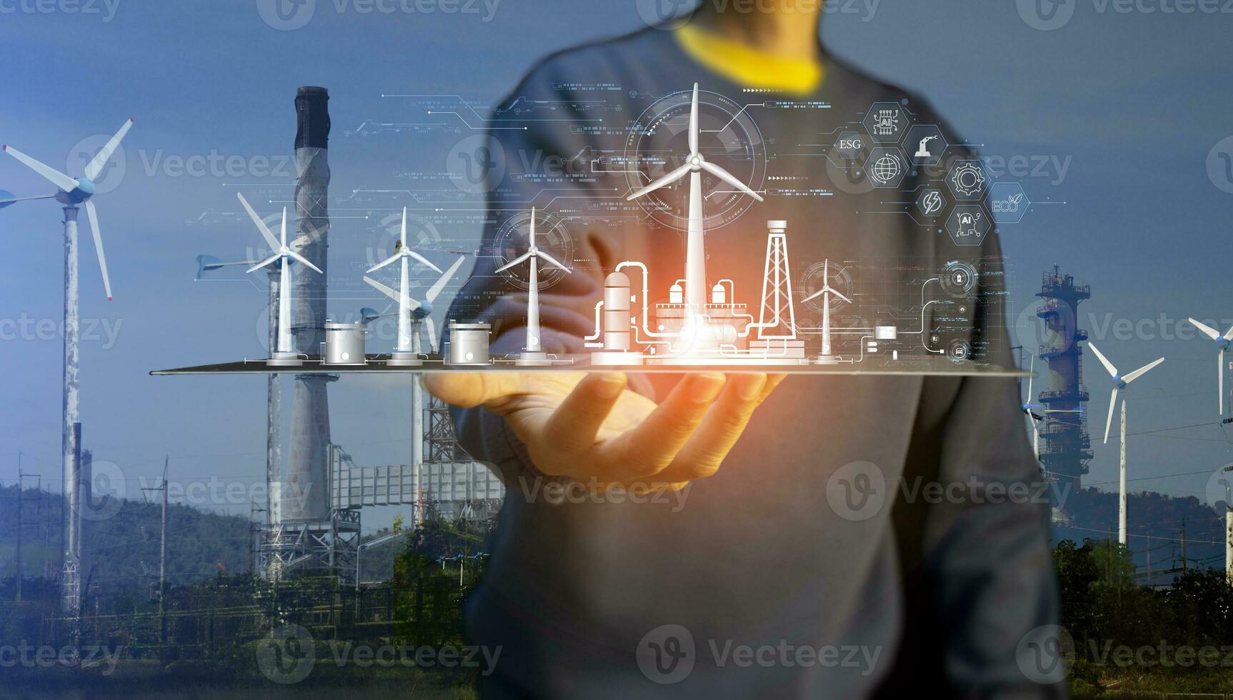 The concept of developing clean energy such as wind energy for energy sustainability. industrial energy 5.0, ECO, ESG, AI photo