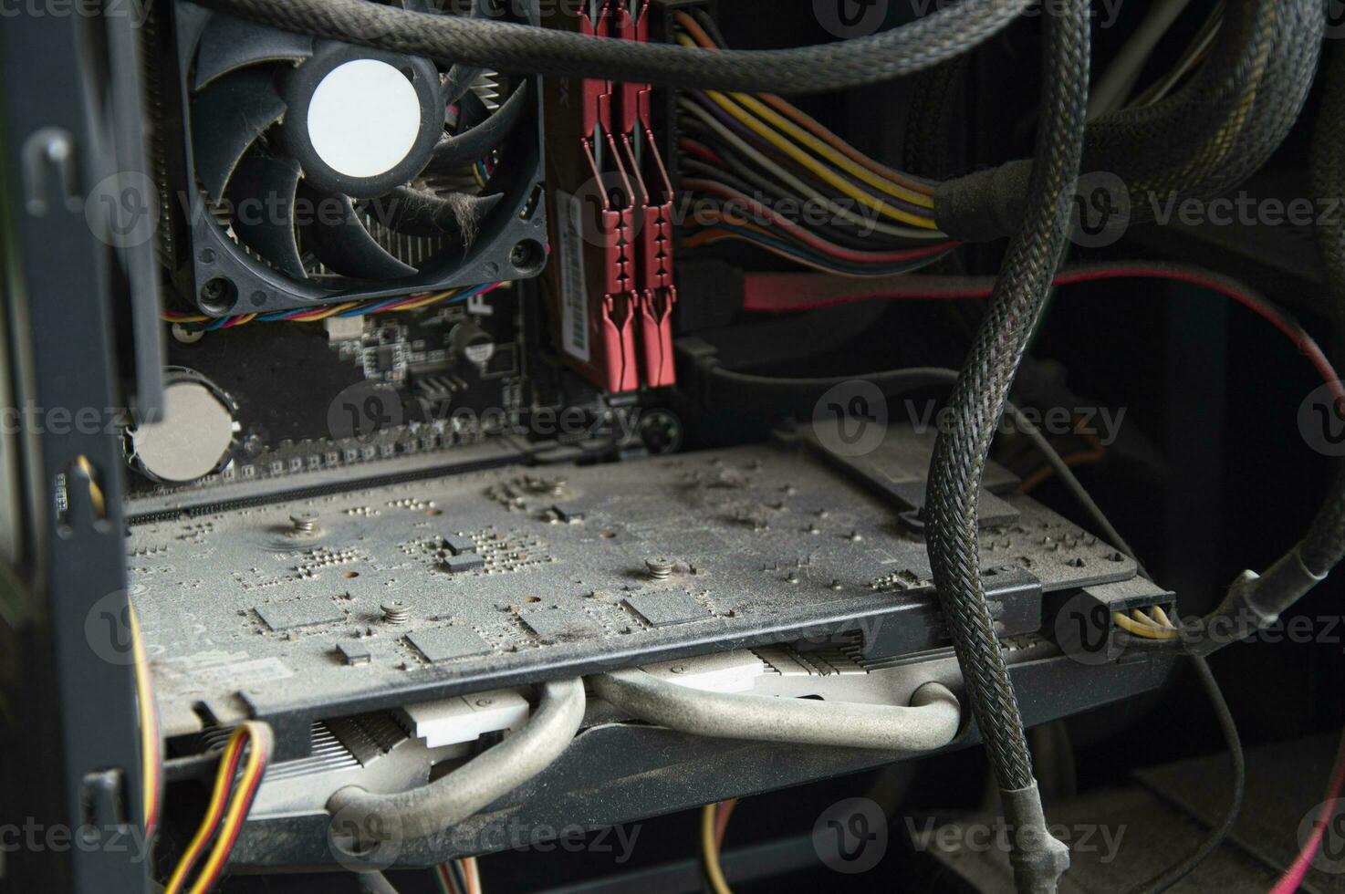 Computer cpu cooler with dust, dirt. PC maintenance photo