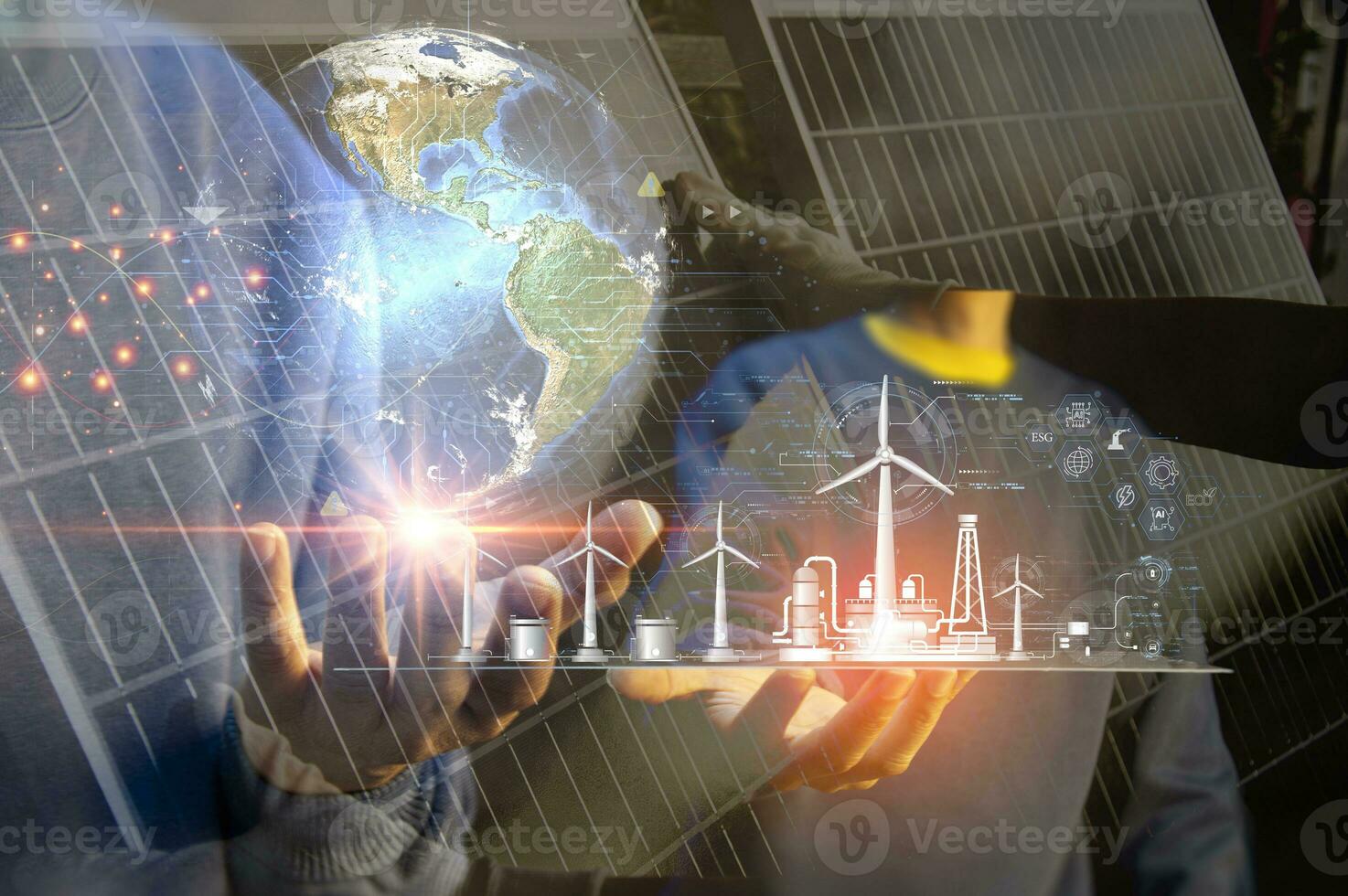 Concepts, the world and the need for clean energy, renewable energy, solar cells, wind power. photo