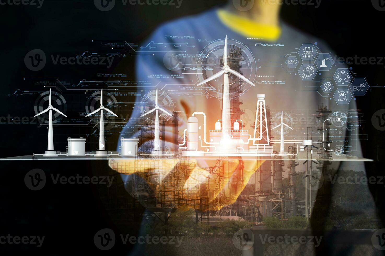 The concept of developing clean energy such as wind energy for energy sustainability. industrial energy 5.0, ECO, ESG, AI photo