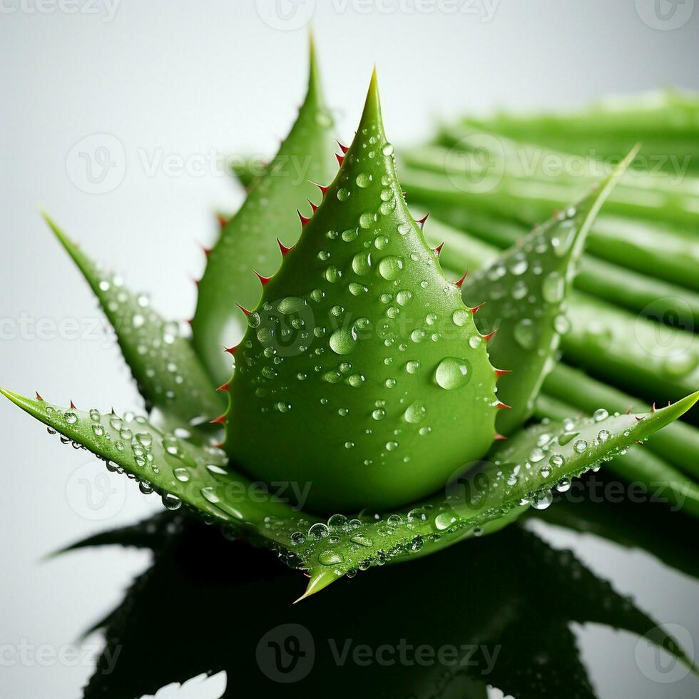 aloe vera, fresh on white or green background with water drops needle sharp, prickly drink leaf close up leaves petals Generative AI photo