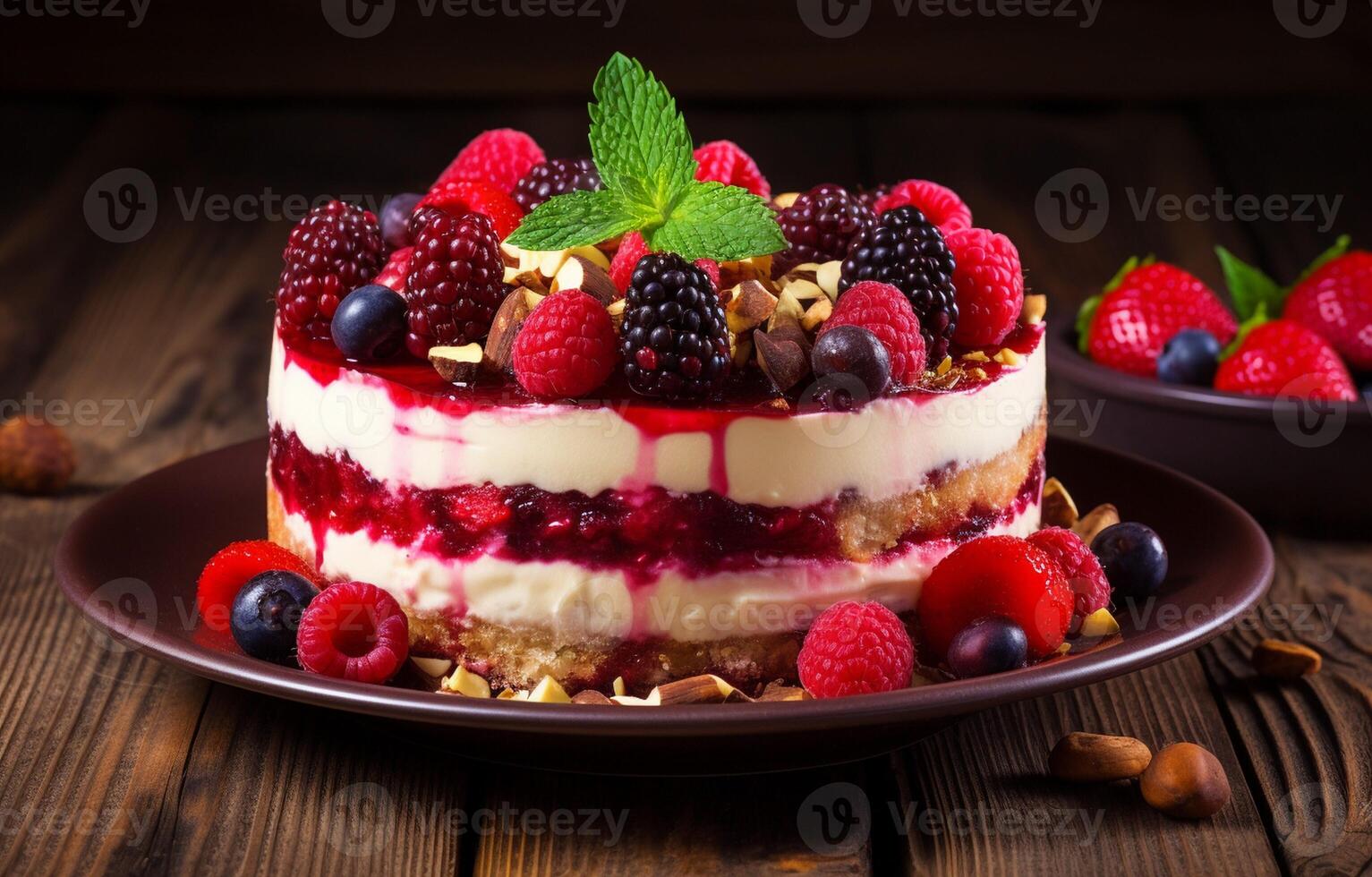 Delicious raspberry cake with fresh strawberries, raspberries, blueberries, currants, and pistachios on wooden background photo