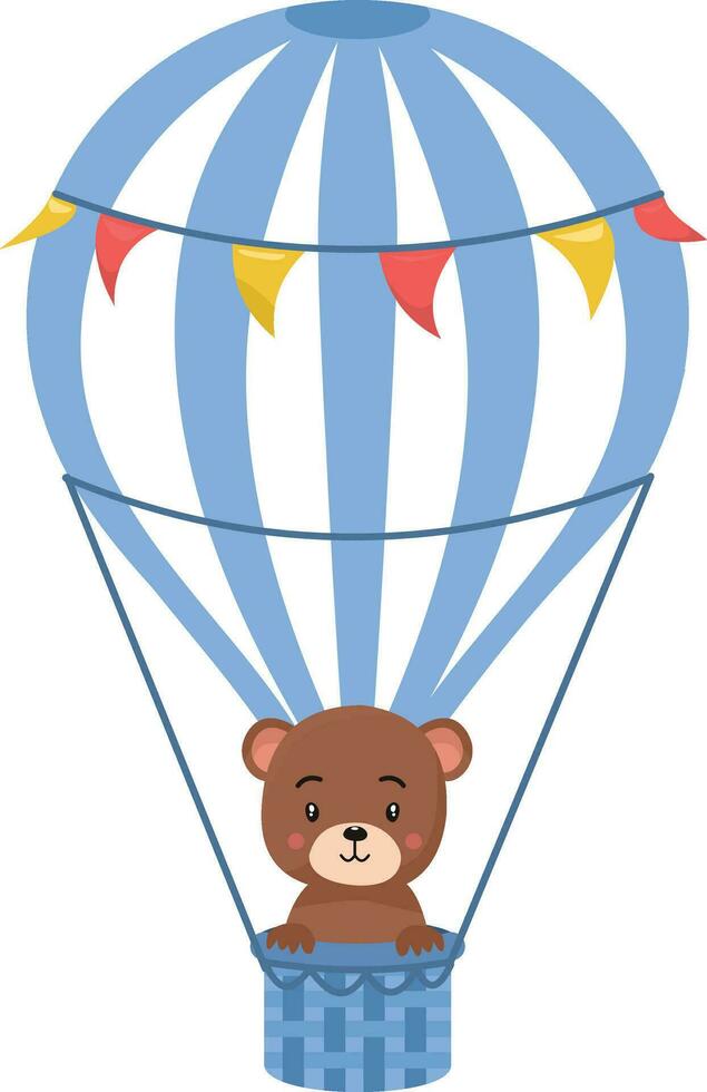 Cute little bear flying on hot air balloon.blue hot air balloon vector