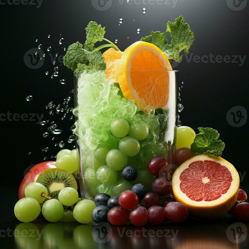 Fresh juice pours from fruit and vegetables into the glass isolated on white background photo