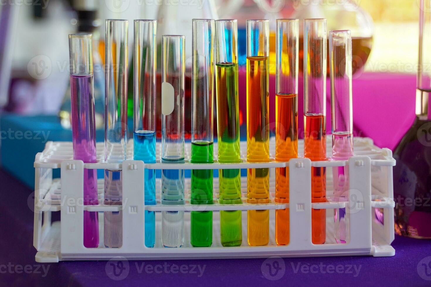 a solution in a scientific test tube Set up to observe, record results, and summarize experimental results. Soft and selective focus. photo