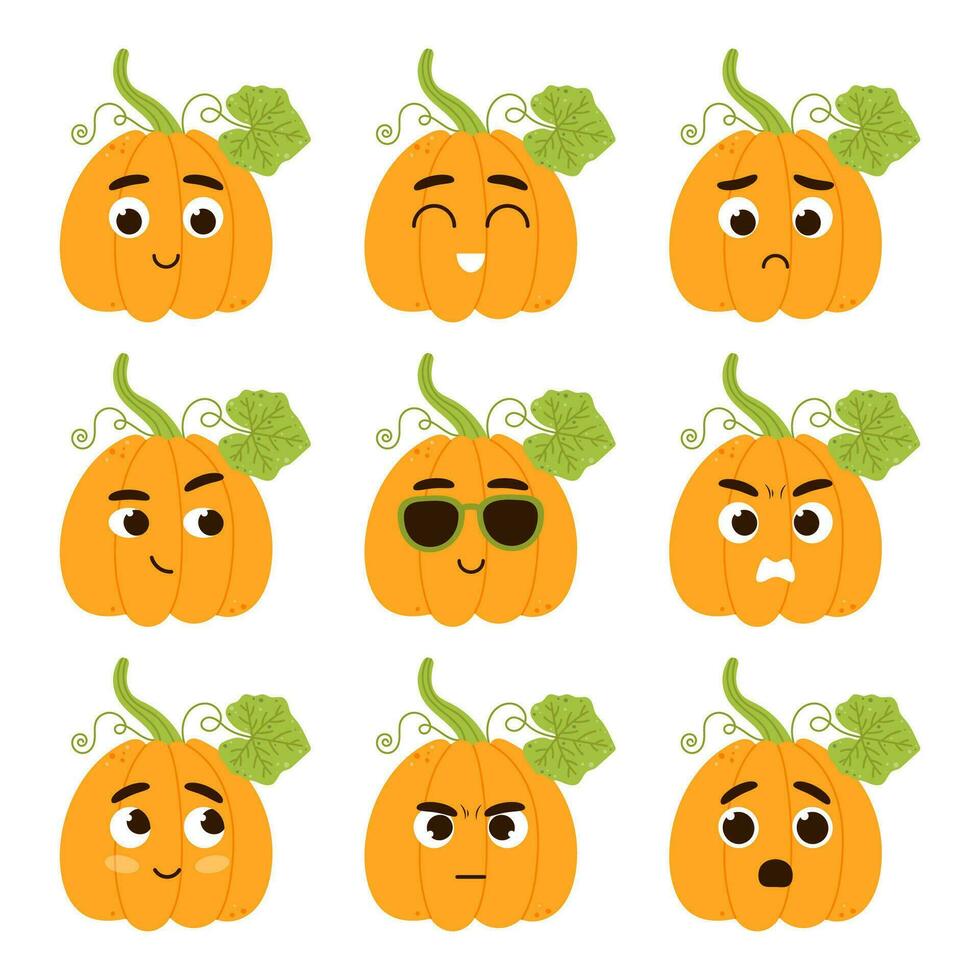 conjunto kawaii calabazas con diferente emoción. dibujos animados vegetal mascota personaje vector