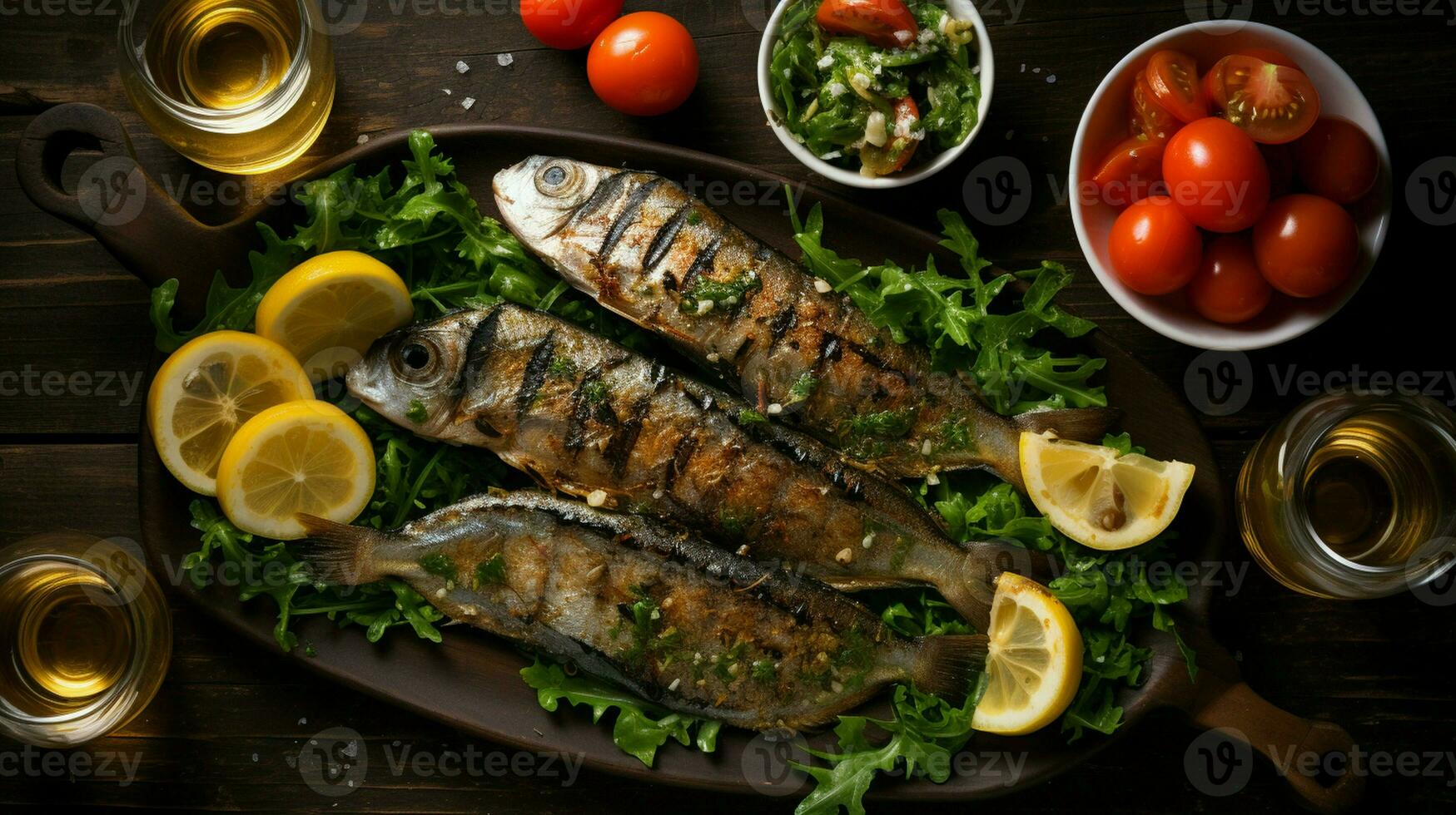 Grilled sardines with salad, bread and potato, Portugal luxury background photo