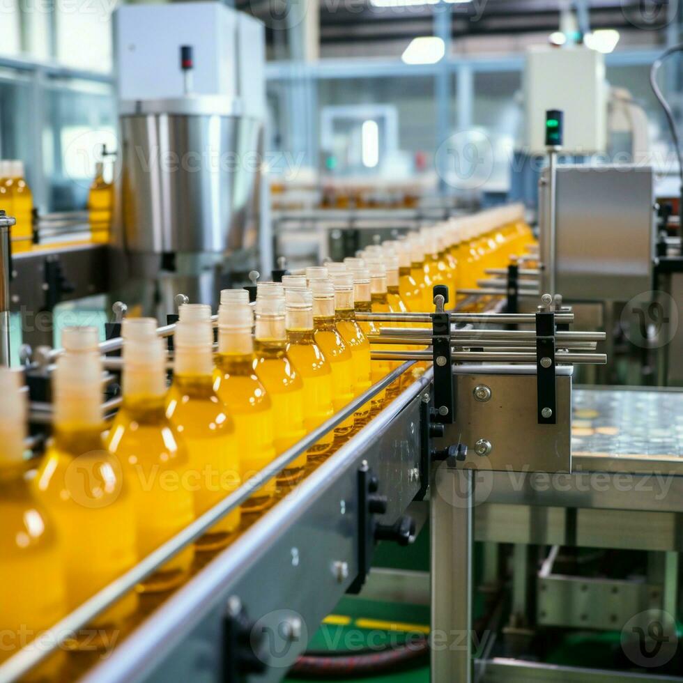 Drink factory production line fruit juice beverage product at conveyor belt photo
