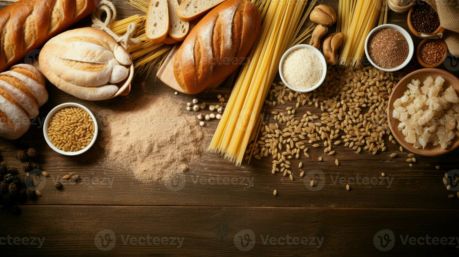 Gluten free food. Various pasta, bread, snacks and flour on wooden background from top view photo