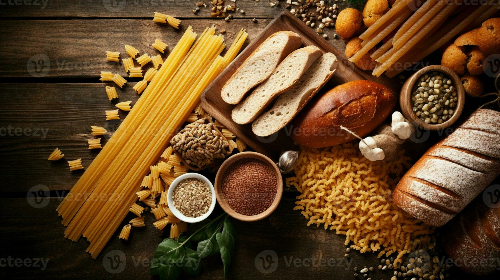 gluten gratis alimento. varios pasta, pan, meriendas y harina en de madera antecedentes desde parte superior ver foto