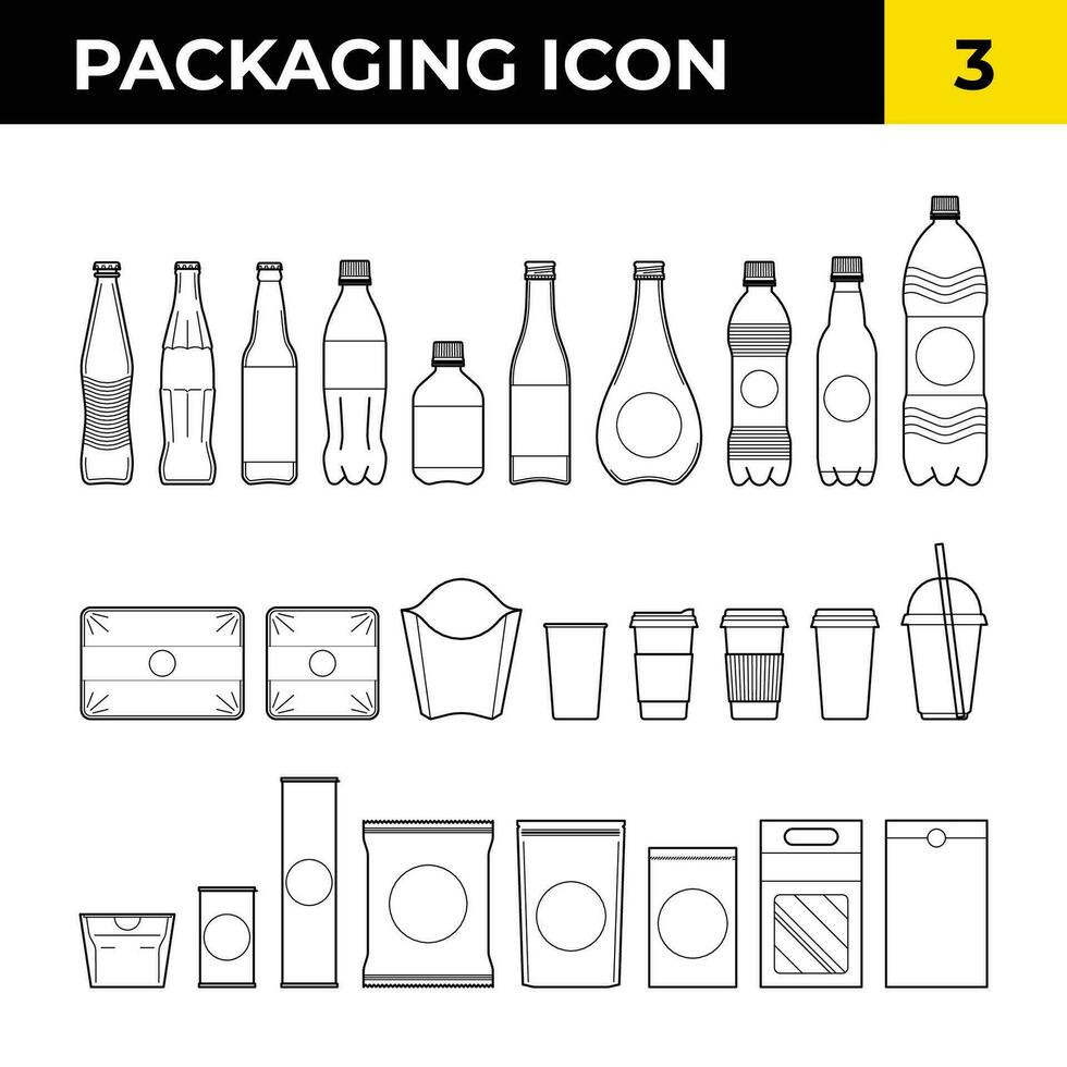 Packaging vector line icon set, contains linear outline icons like food and drinks.