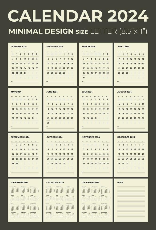 Calendar and for 2024, the week starts on Sunday, calendar in the style of minimalist design, letter size. vector