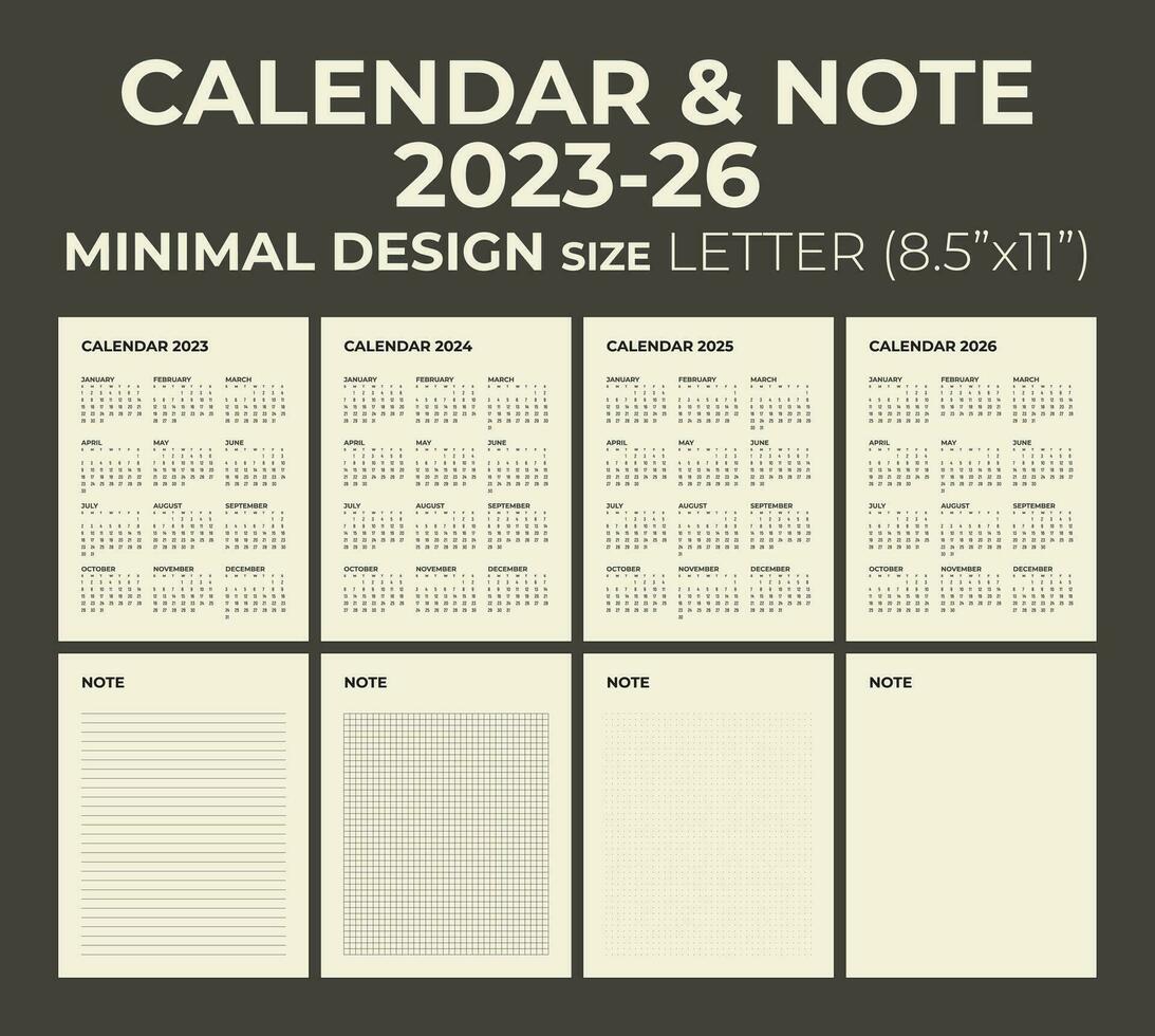 calendario y Nota para 2023, 2024, 2025, 2026, el semana empieza en domingo, calendario en el estilo de minimalista diseño, letra tamaño. vector