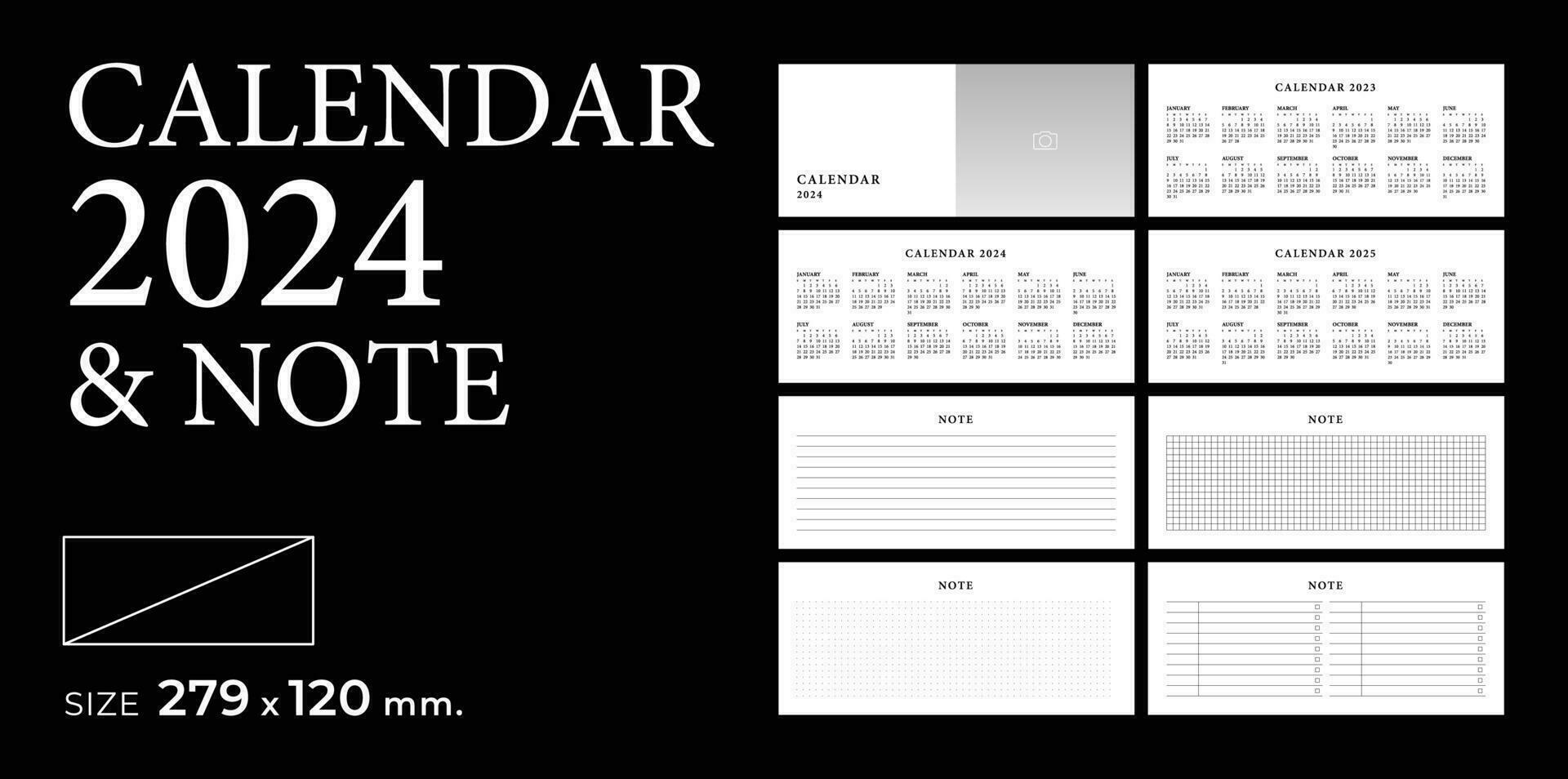 calendario 2024 2025 2026 y Nota modelo planificador vector diario en un minimalista estilo, paisaje.