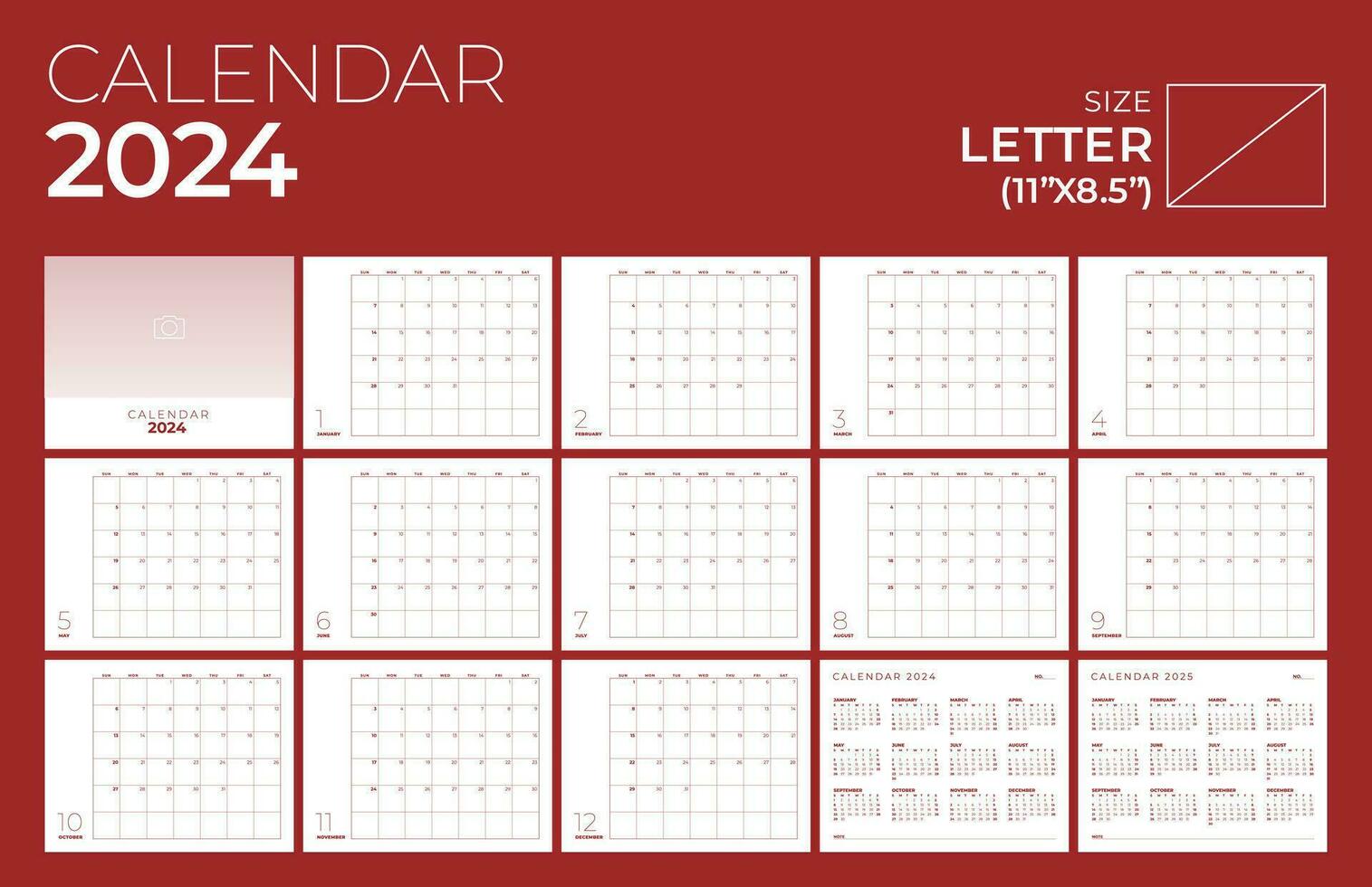 Calendar 2024, Landscape, Minimal Table Design, Week start Sunday template. vector