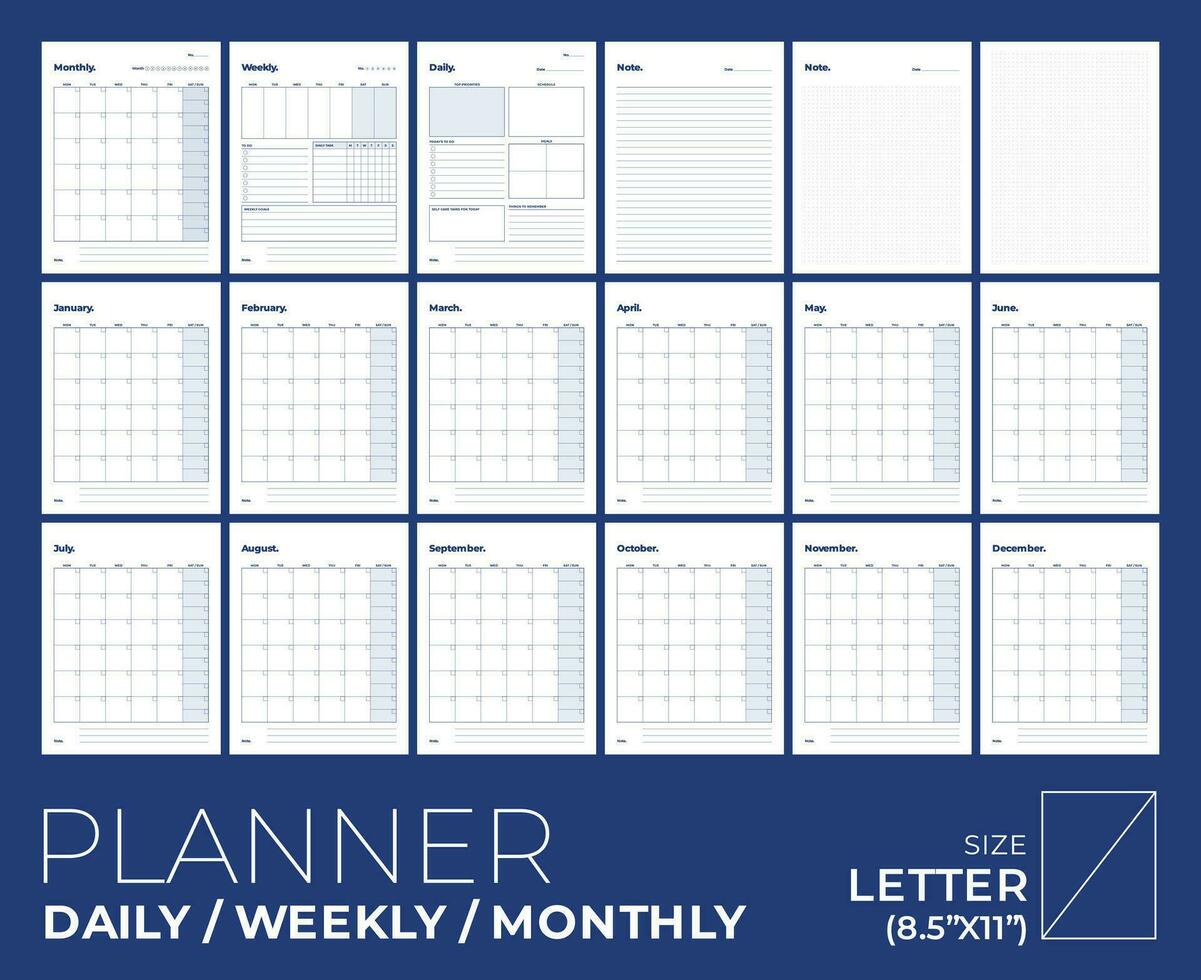 Vector planner pages templates, daily, weekly, monthly minimal design.