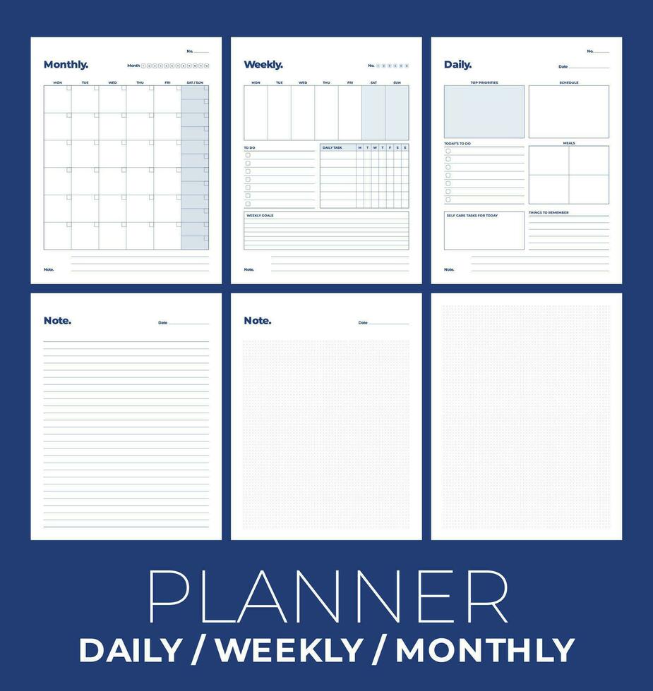 Vector Simple planner pages templates, daily, weekly, monthly minimal design.