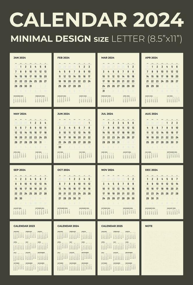 Calendar and for 2024, the week starts on Sunday, calendar in the style of minimalist design, letter size. vector