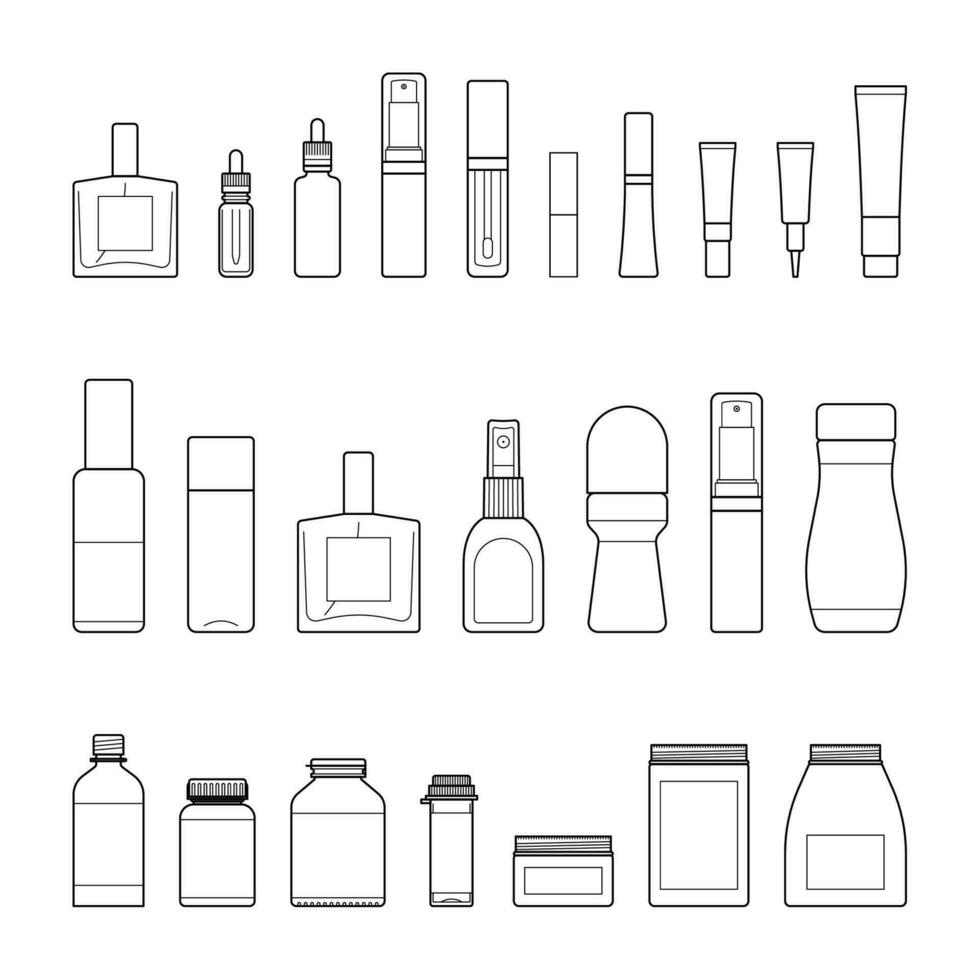 Cosmetic packaging vector line icon set.