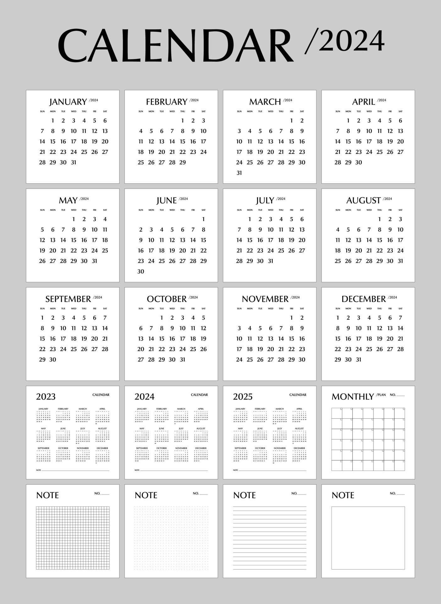 Calendar 2024, planner and note, minimal design, week start sunday