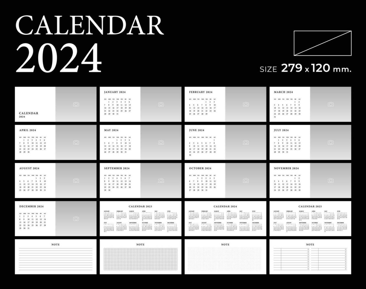 Calendar 2024 photo frame template planner vector diary in a minimalist style, landscape