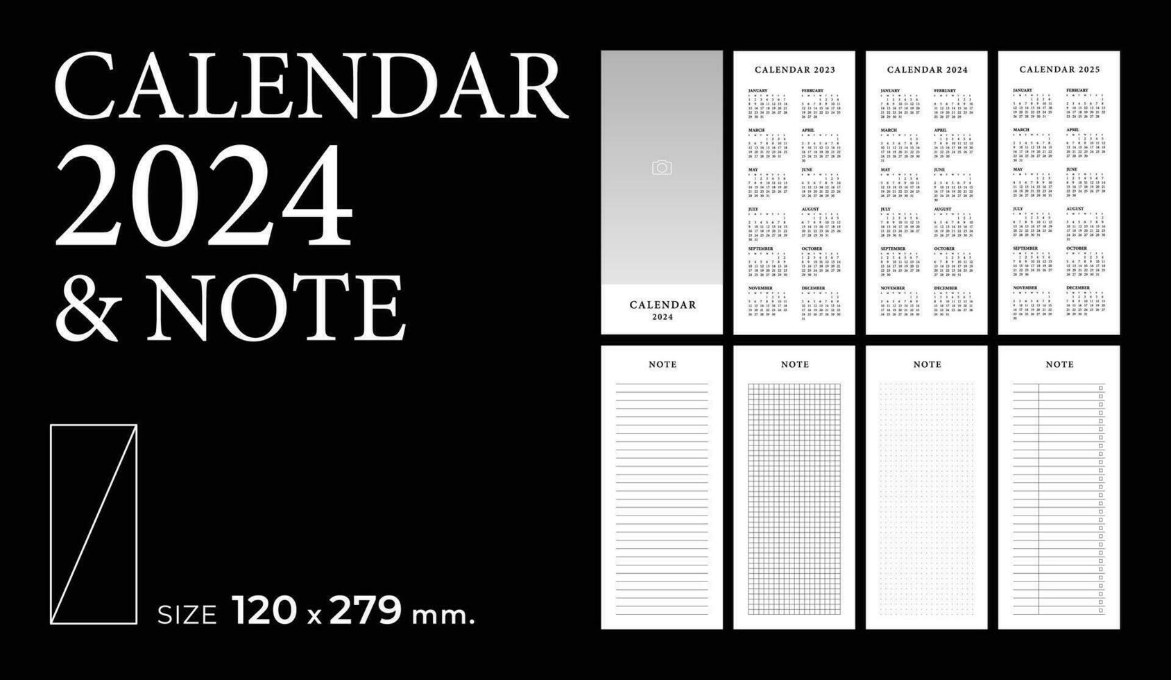 calendario 2024 2025 2026 y Nota modelo planificador vector diario en un minimalista estilo, paisaje