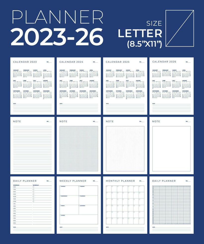 Planner 2023, 2024, 2025, 2026, Portrait, Minimal Table Design, Week start Sunday template. vector